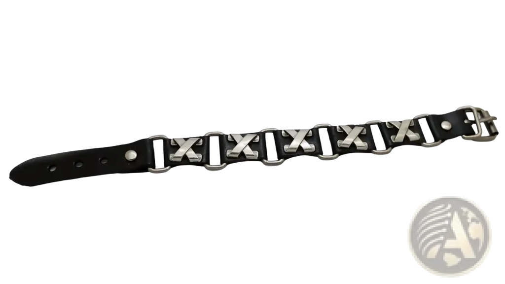 Black leather punk bracelet with silver x-shaped metal links and matching buckle for edgy fashion accessory