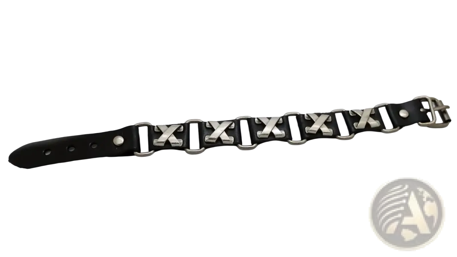 Black leather punk bracelet with silver x-shaped metal links and matching buckle for edgy fashion accessory