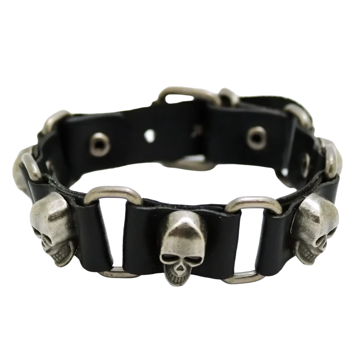 Black leather punk bracelet with silver-toned metal skulls and rings featuring metal studs and edgy design