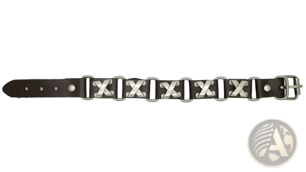 Black leather punk bracelet with silver-toned metal x-shaped buckles and matching buckle closure