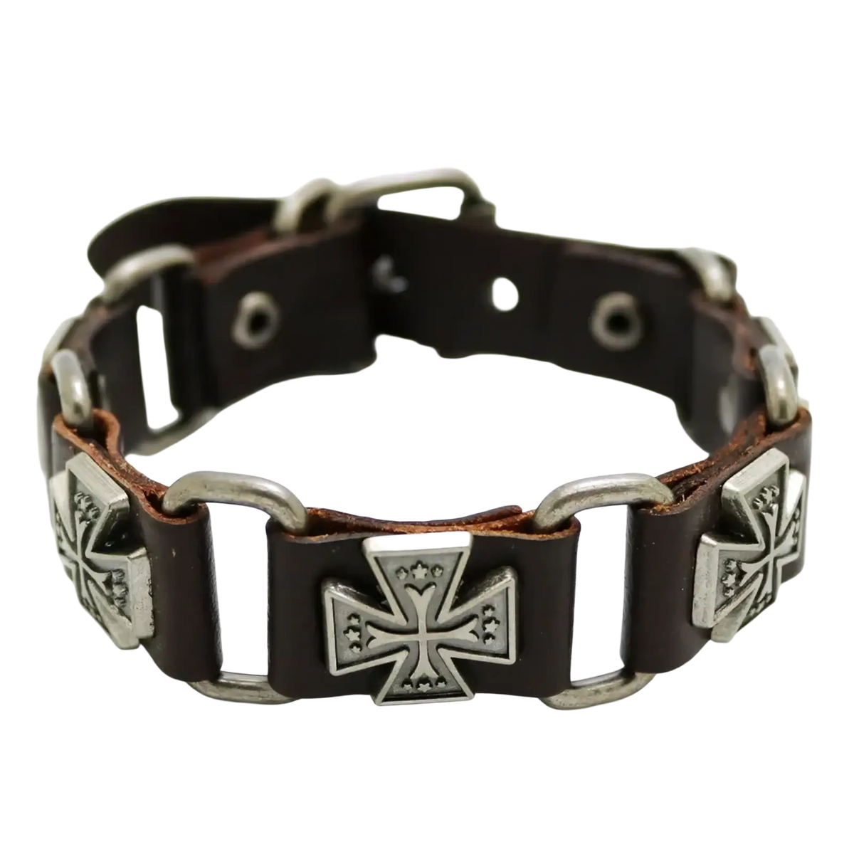 Dark brown leather punk bracelet with silver-toned iron cross charms and metal links for edgy style
