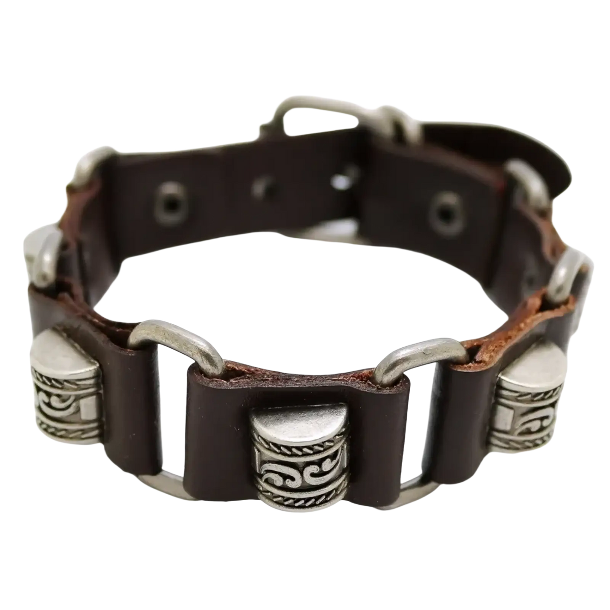 Dark brown leather punk bracelet with silver metal swirling accents and buckle closure