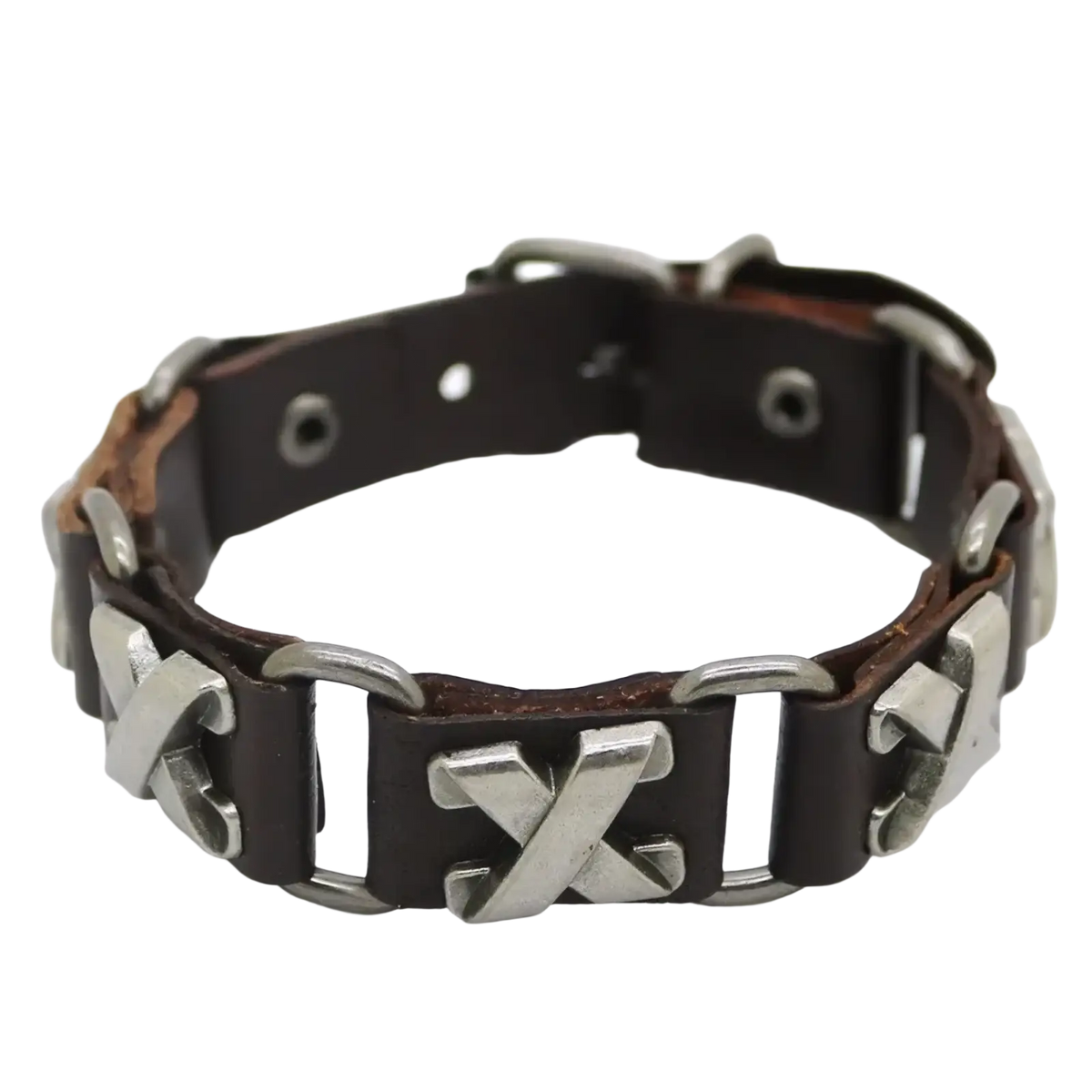Dark brown leather punk bracelet with silver-toned x-shaped metal studs and a buckle closure