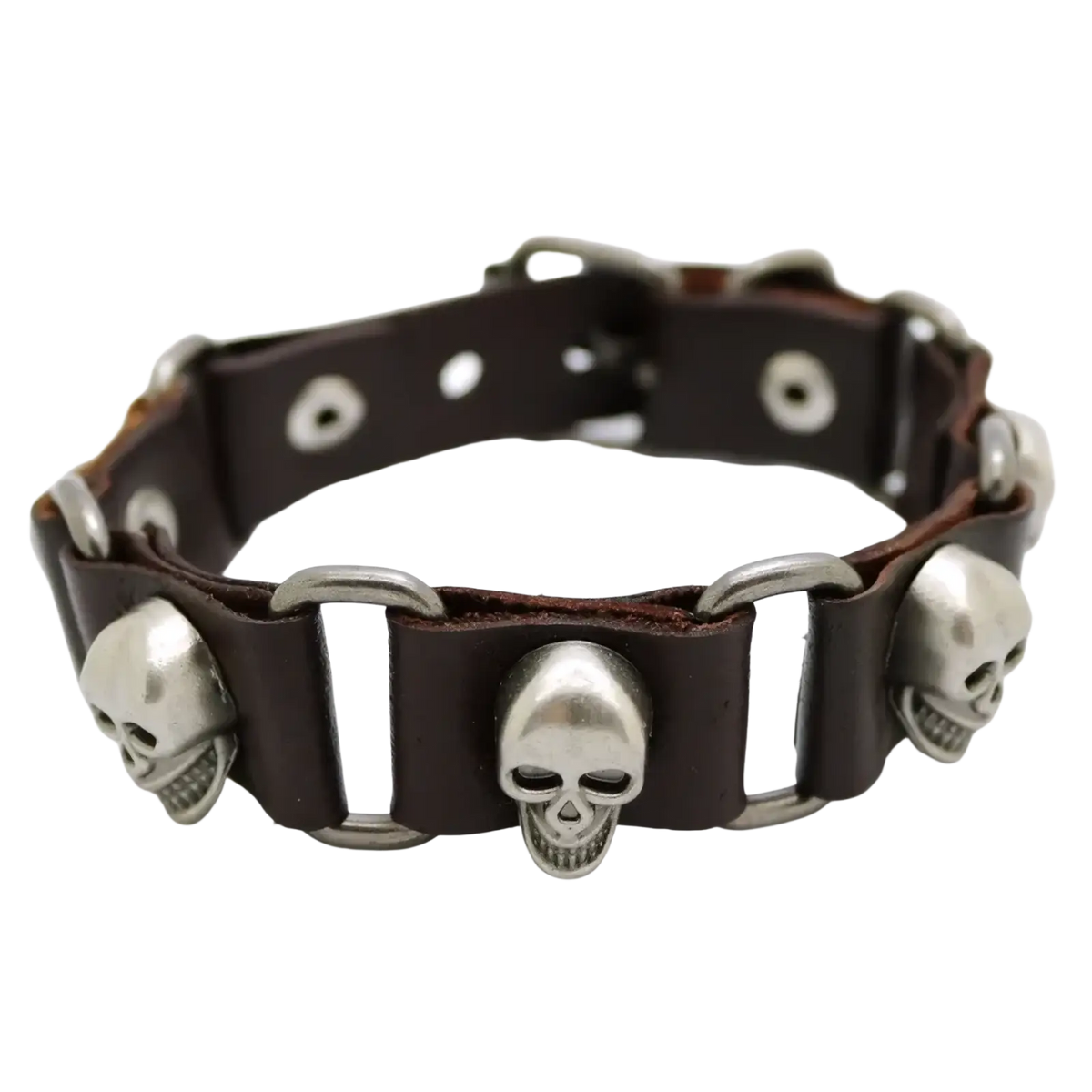 Dark brown leather punk bracelet with silver-toned metal skulls and studs for edgy fashion statement