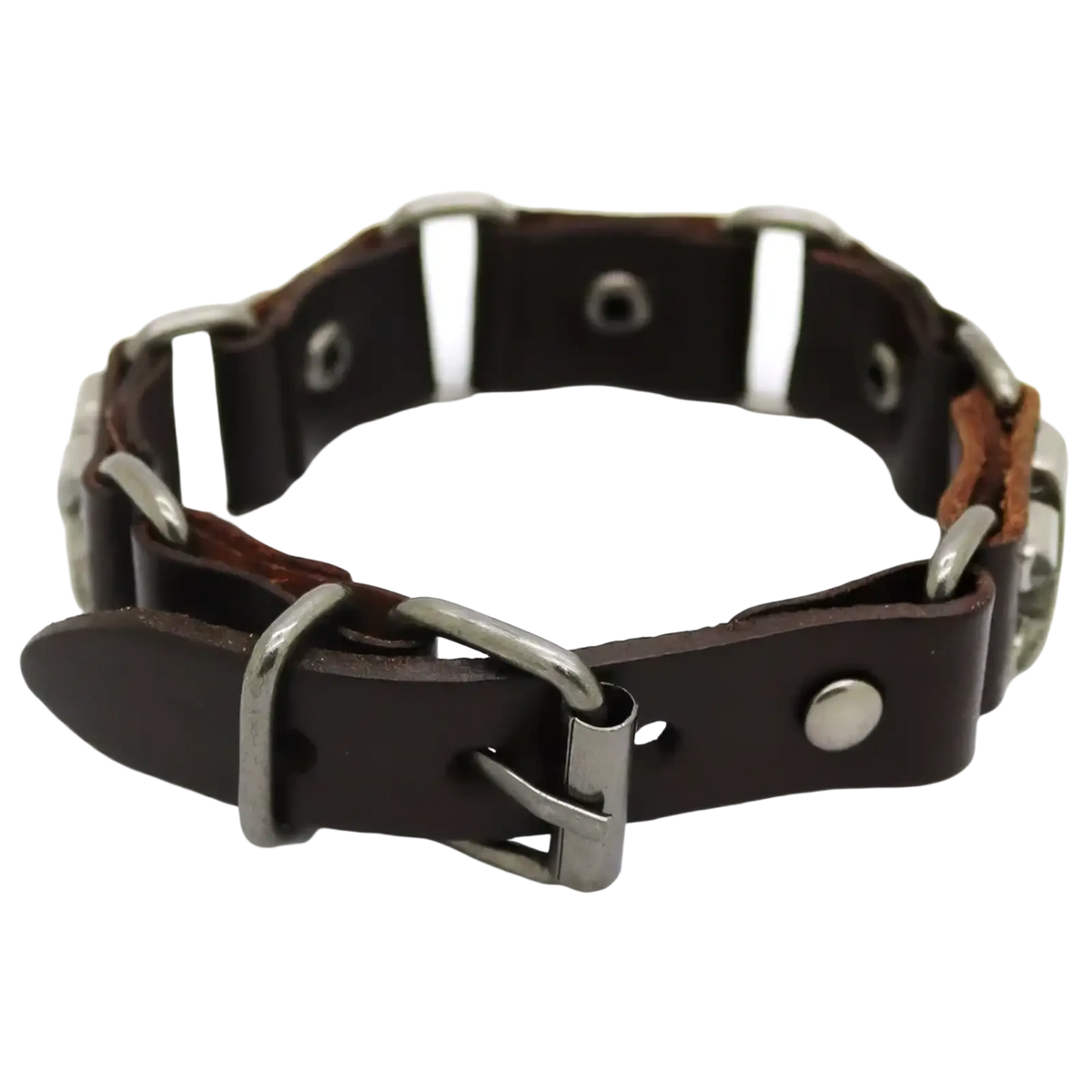 Dark brown leather punk bracelet with metal studs silver toned hardware and buckle for edgy accessory style