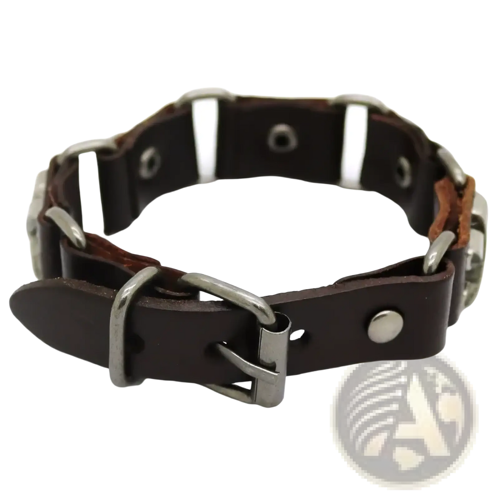 Dark brown leather punk bracelet with metal studs silver toned hardware and buckle for edgy accessory style
