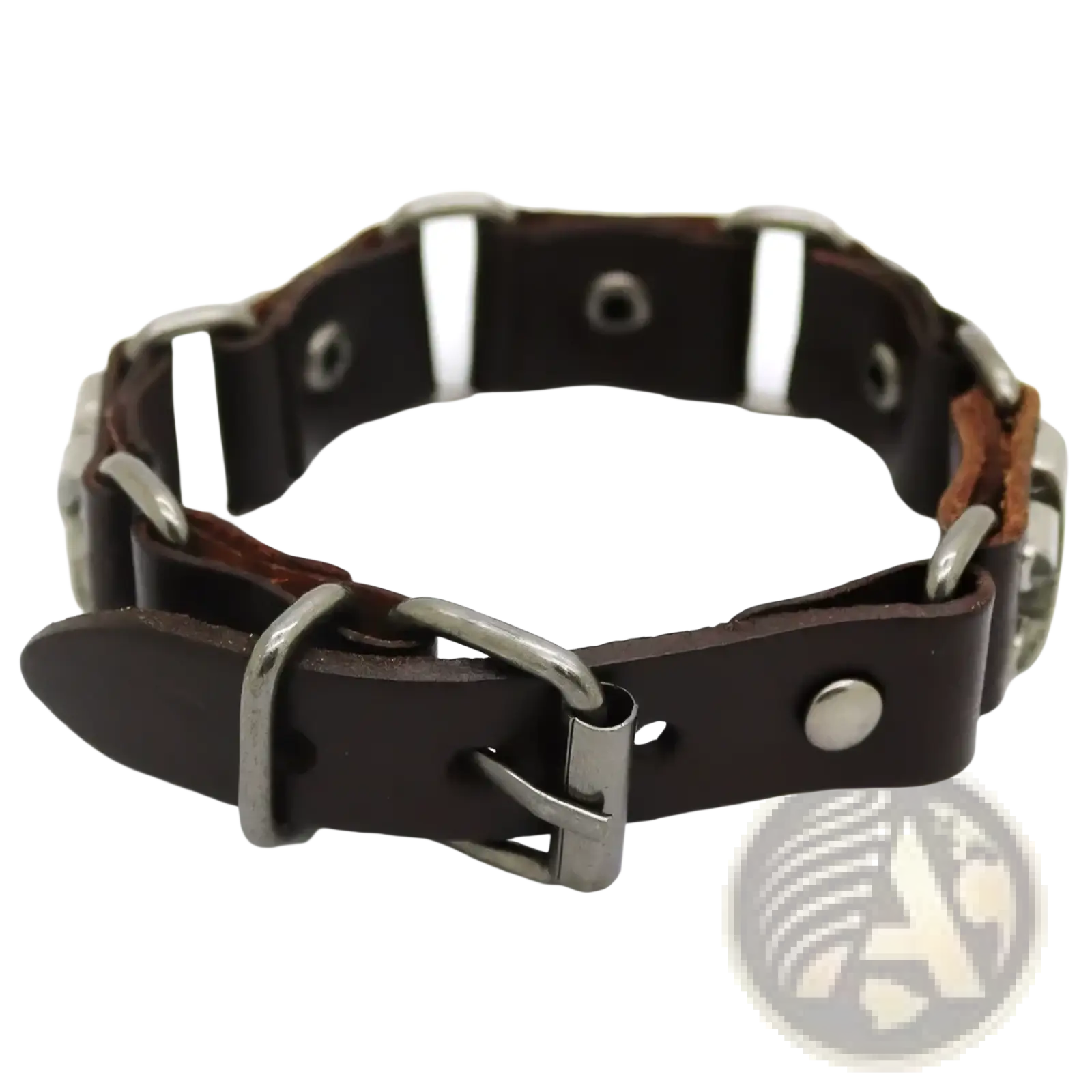 Dark brown leather punk bracelet with metal studs silver toned hardware and buckle for edgy accessory style