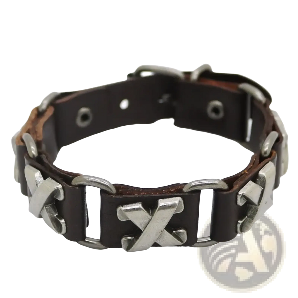 Dark brown leather punk bracelet with silver-toned metal x-shaped charms and a buckle closure