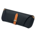 Black textured leather reading glasses bag with tan strap and gold-tone buckle soft shell eyewear case