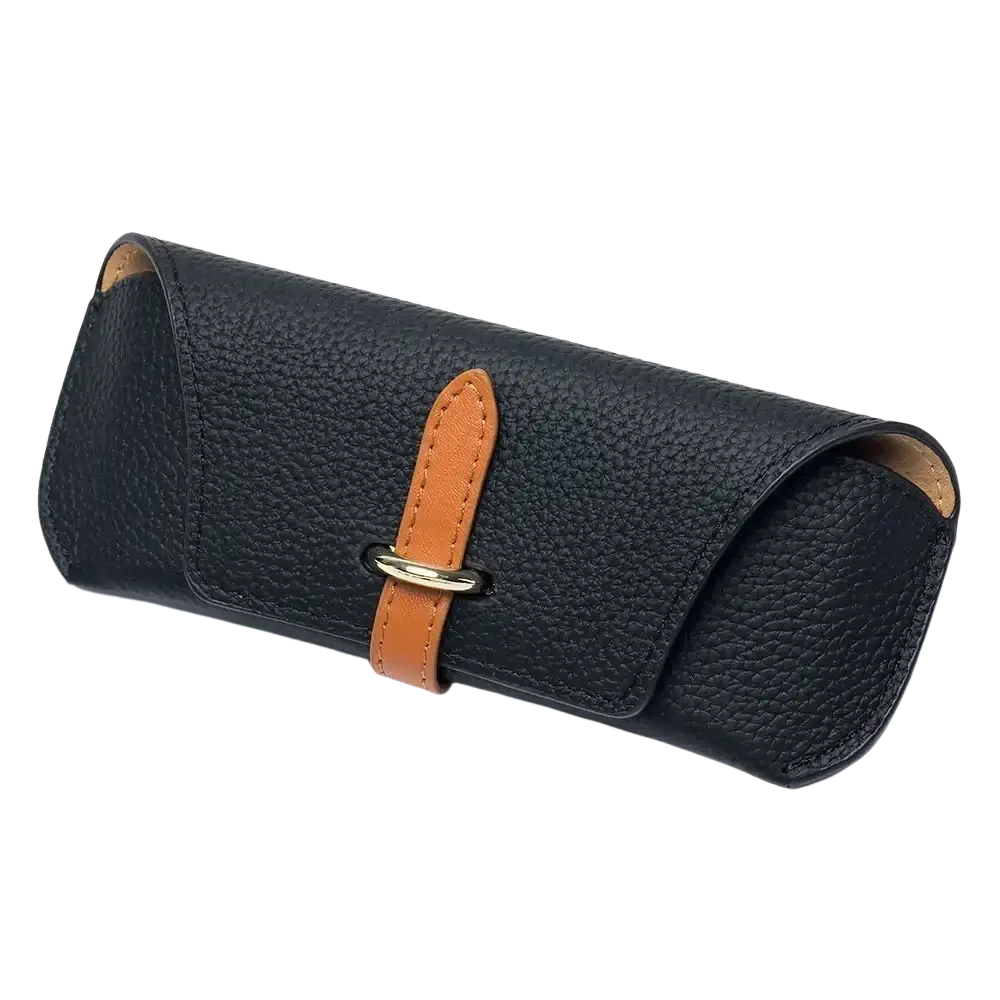 Black textured leather reading glasses bag with tan strap and gold-tone buckle soft shell eyewear case