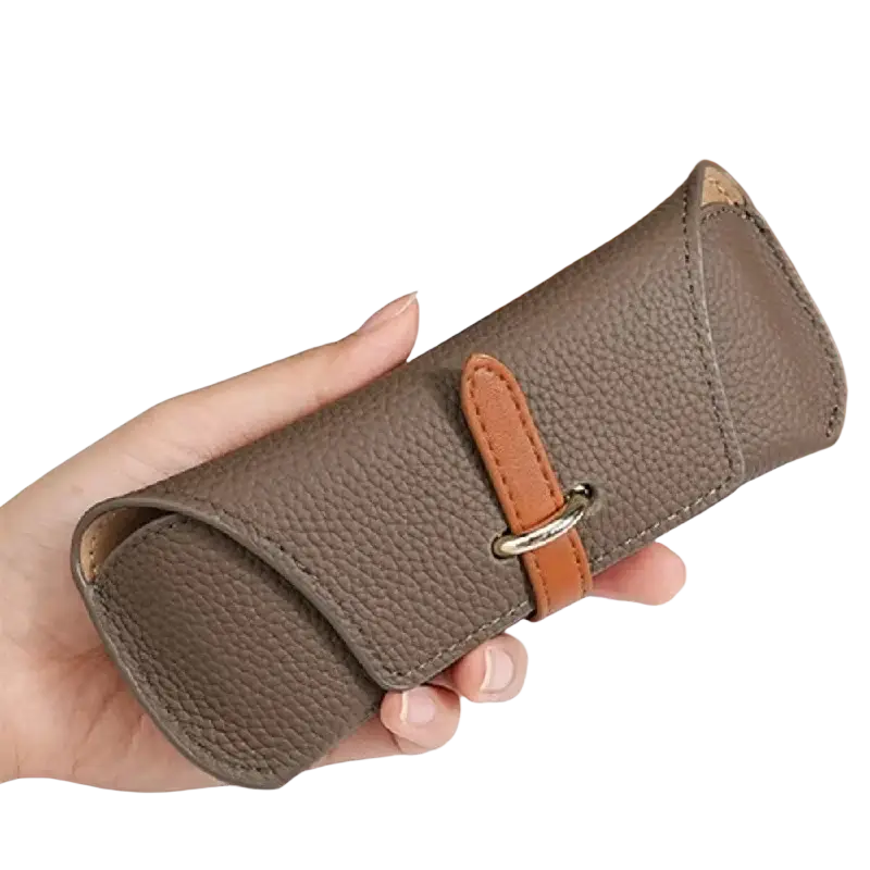 Brown textured leather reading glasses bag with tan strap and silver metal clasp for glasses bags woman