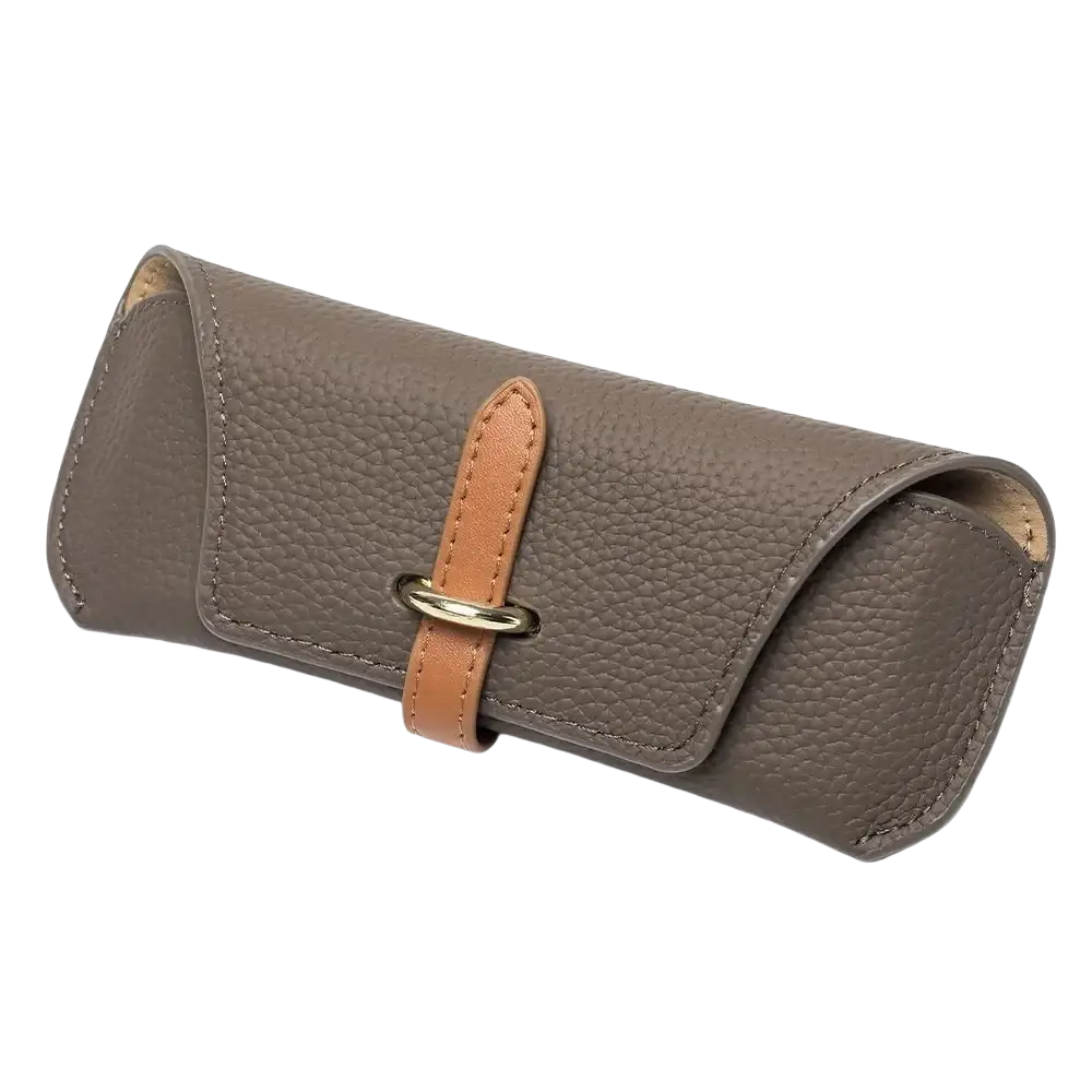 Brown textured leather reading glasses bag with tan strap and gold-tone buckle for glasses bags woman