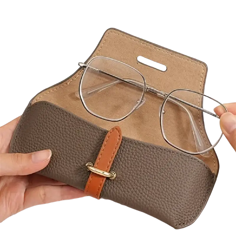 Brown textured leather reading glasses bag with tan interior and orange strap for glasses bags woman