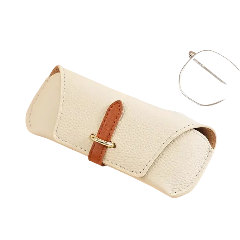 Cream-colored leather reading glasses bag with soft shell, brown strap, and gold-tone buckle for glasses bags woman