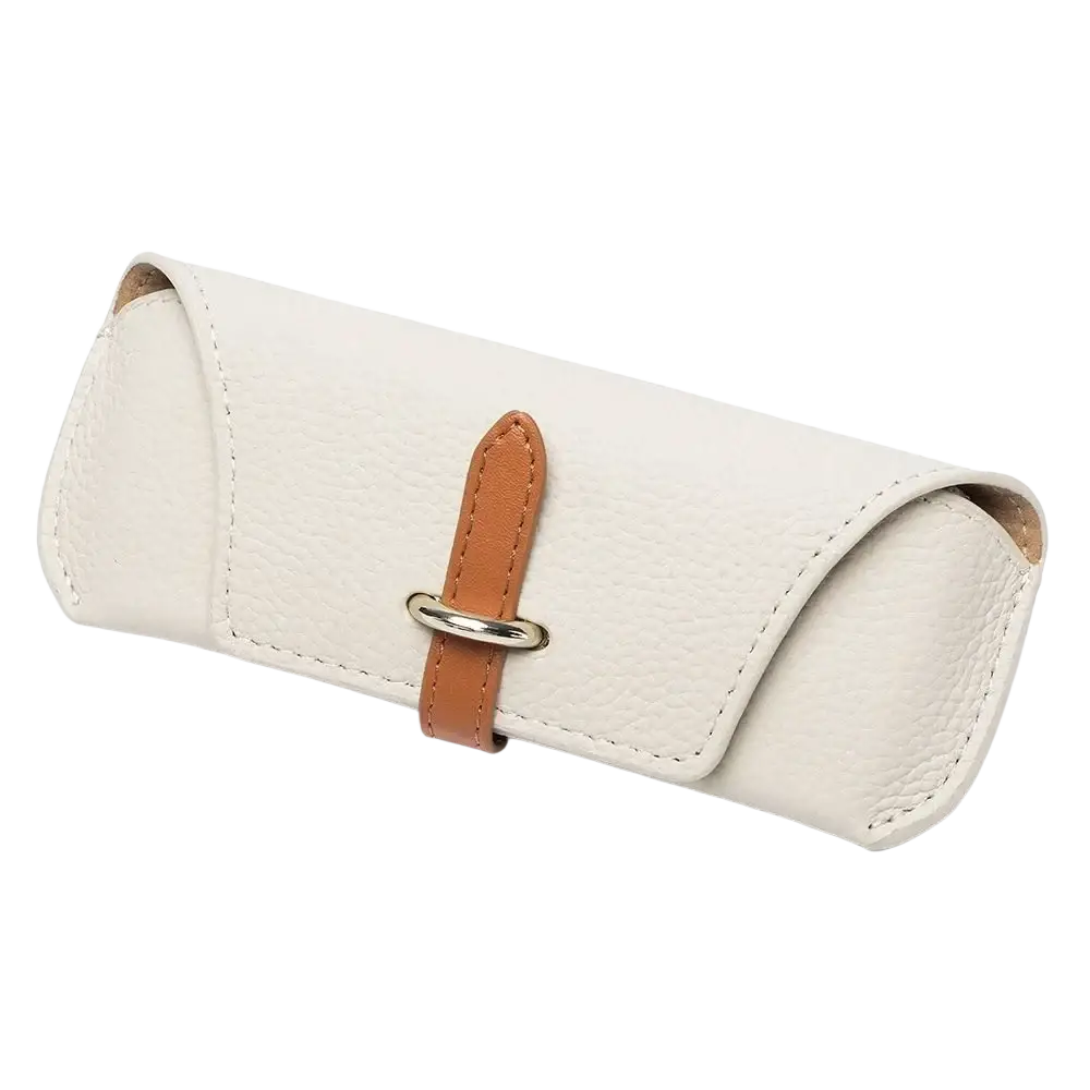 Cream-colored leather reading glasses bag with tan strap and silver buckle soft shell glasses bags woman