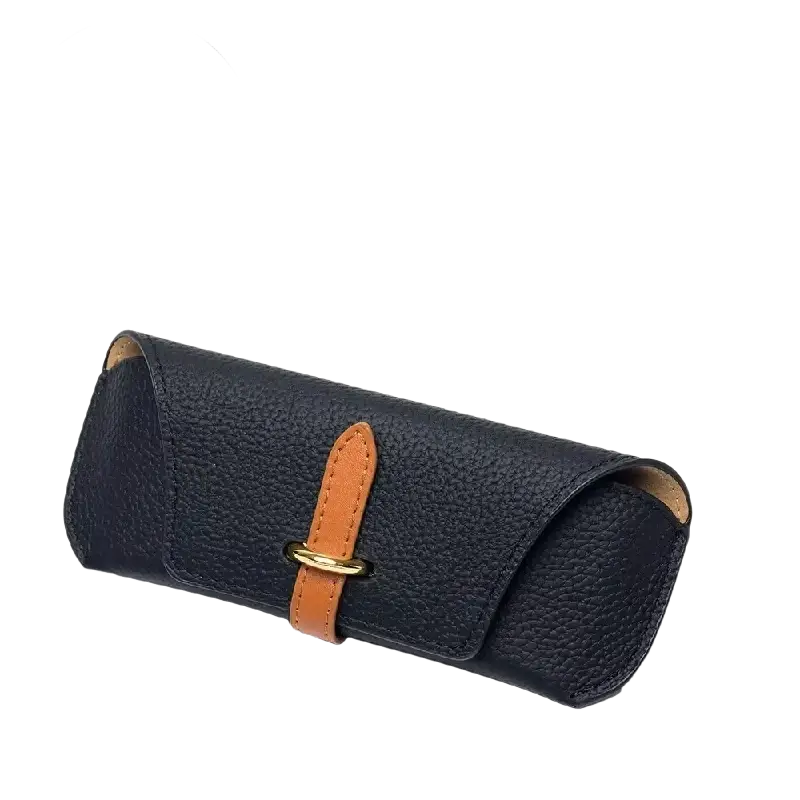 Dark blue textured leather reading glasses bag with tan strap and gold-tone buckle for glasses bags woman