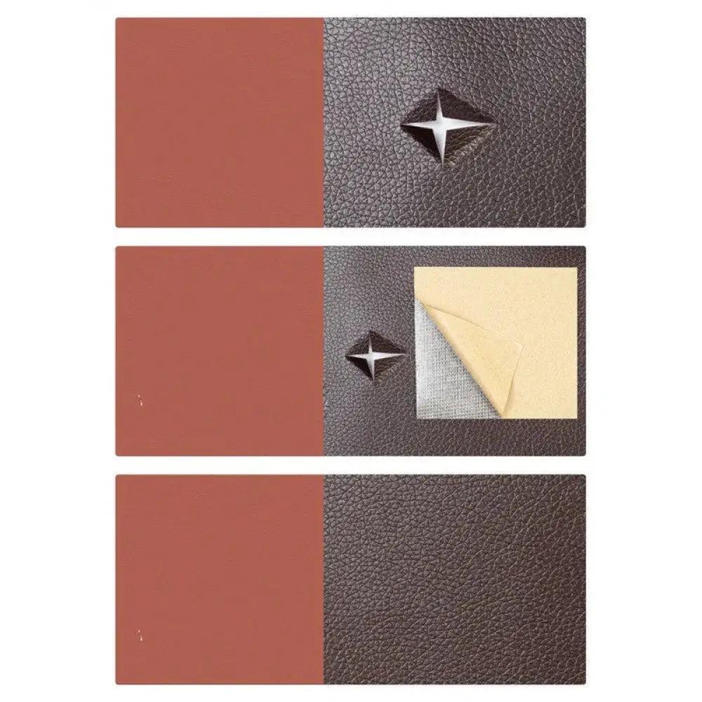 Black self adhesive pebbled leather repair patch roll with dark brown textured patch and silver star emblem