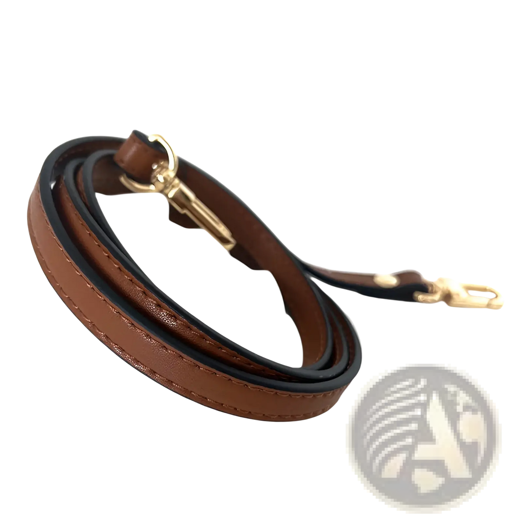 Leather replacement strap for crossbody bags in brown leather with black inner lining and gold-tone metal hardware