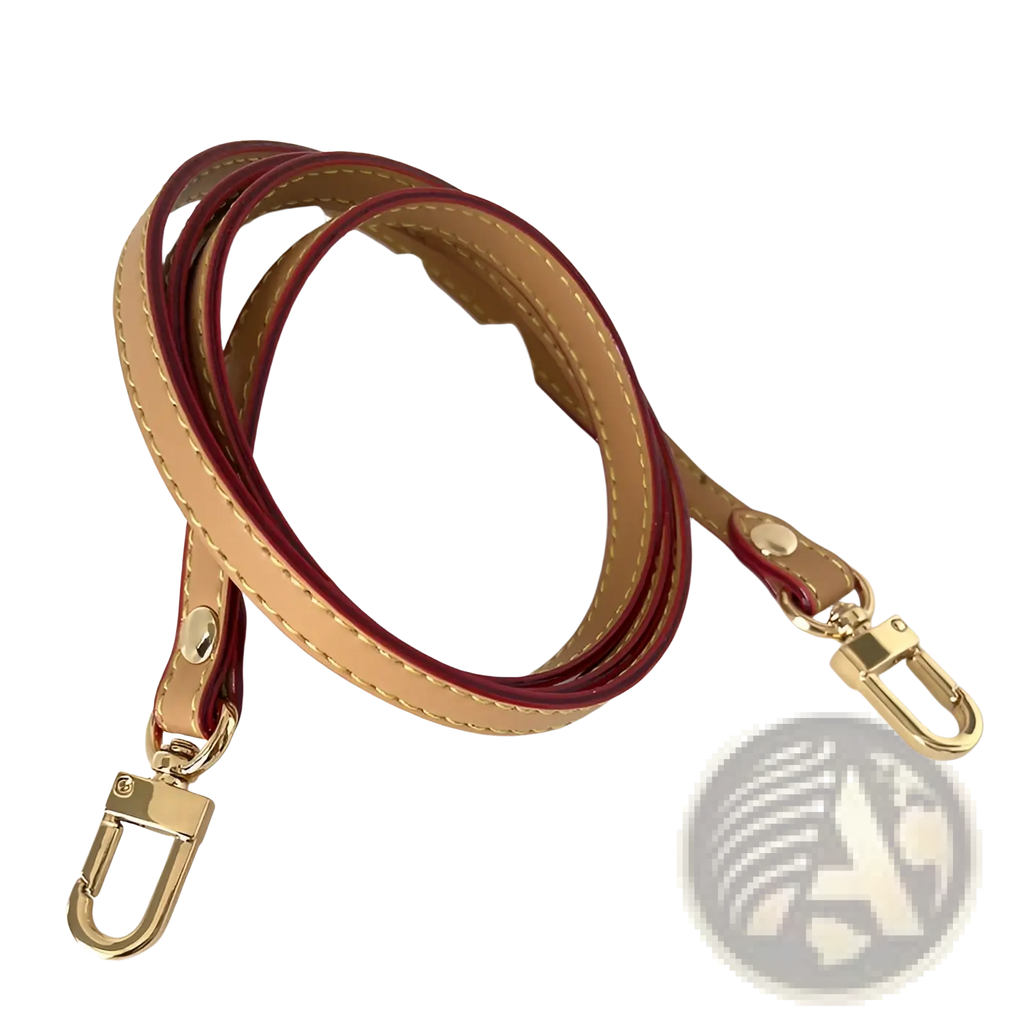 Leather replacement strap for crossbody bags in dual-tone leather with tan outer layer and burgundy lining with gold hardware