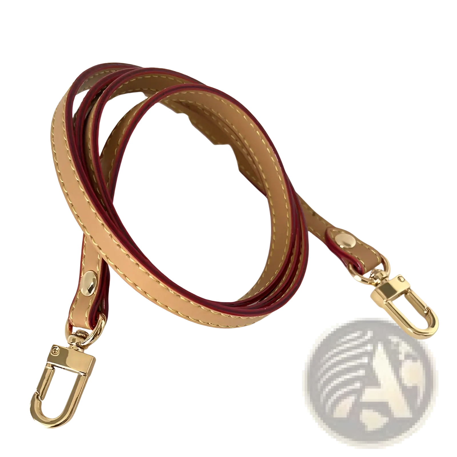 Leather replacement strap for crossbody bags in dual-tone leather with tan outer layer and burgundy lining with gold hardware