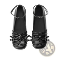 Black patent leather retro platform flats with multiple adjustable studded buckle straps and silver-toned hardware