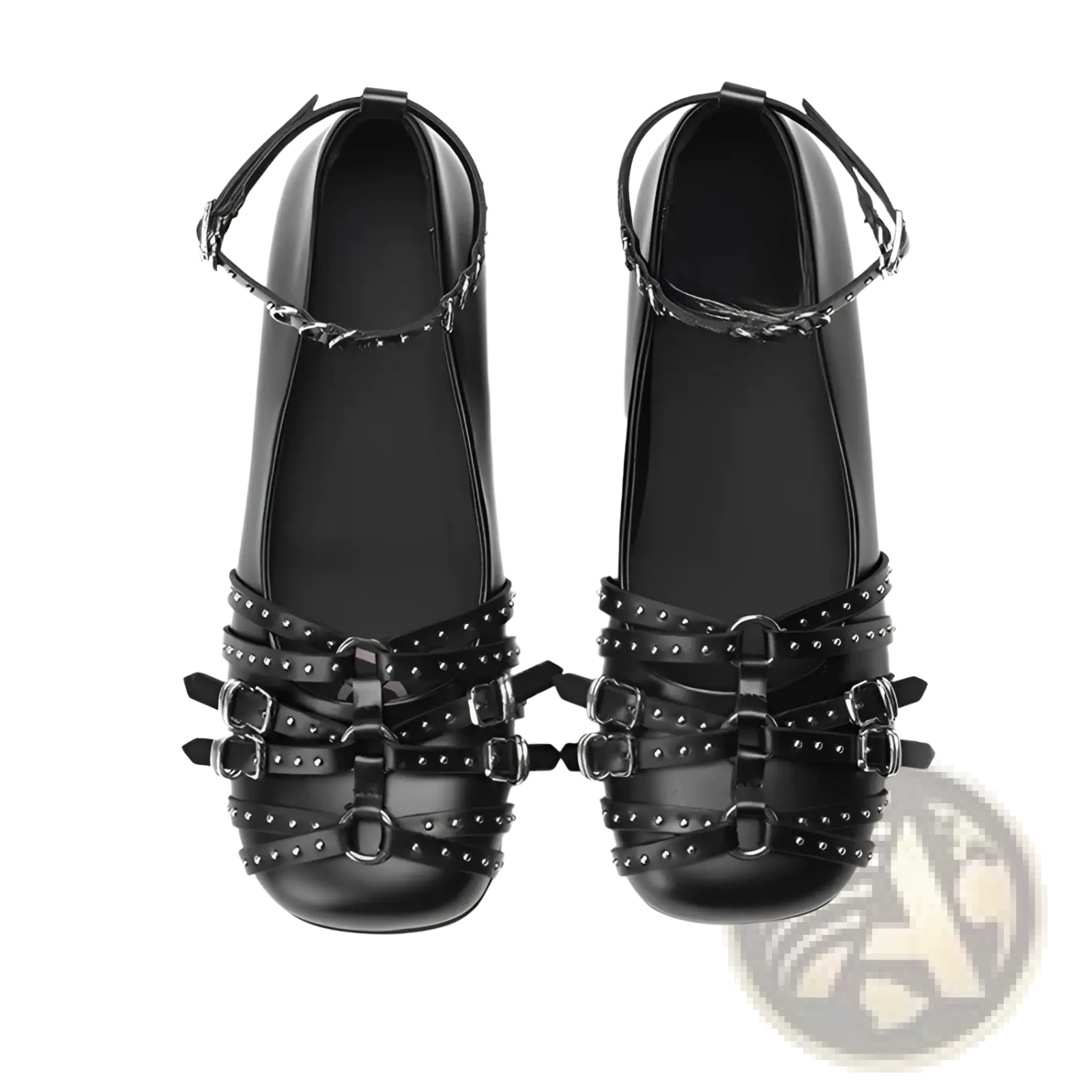Black patent leather retro platform flats with multiple adjustable studded buckle straps and silver-toned hardware