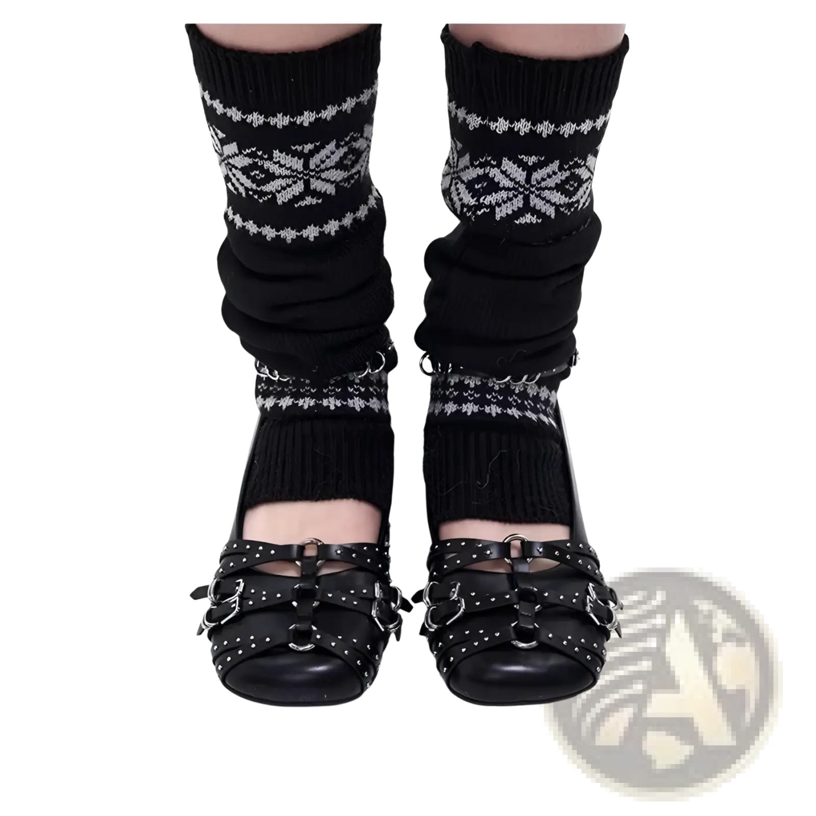Black leather mary jane pumps with silver studded buckle straps in a retro design