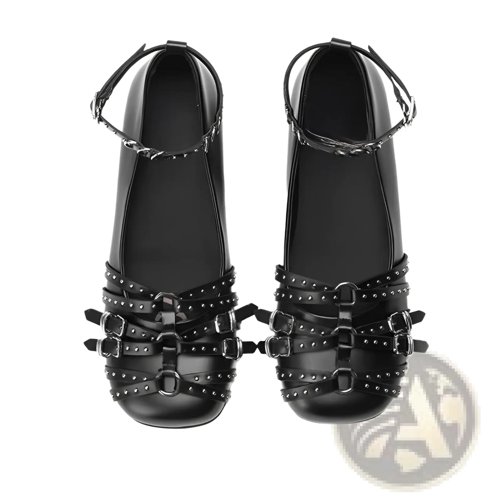 Black patent leather retro platform pumps with multiple silver buckle straps and stud detailing