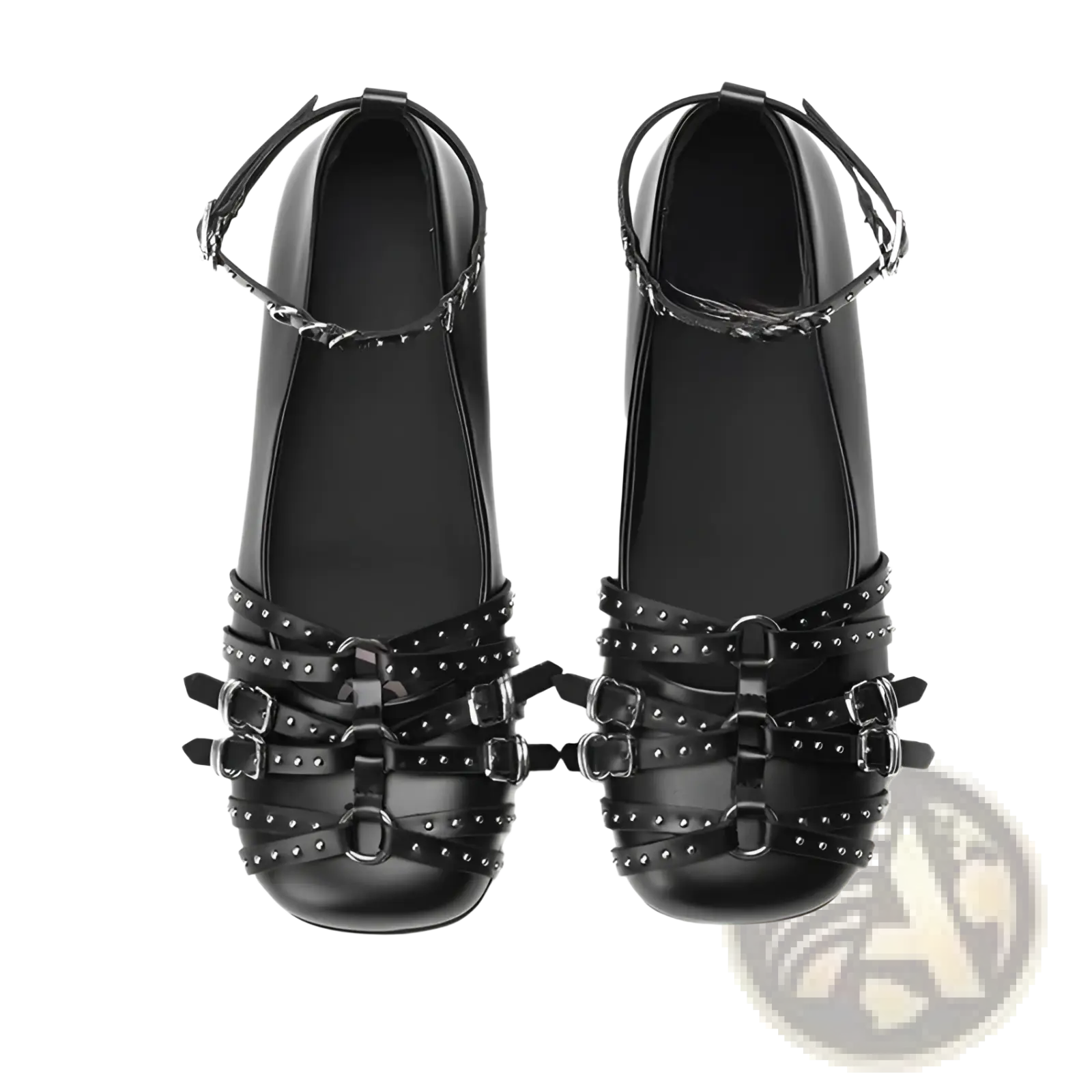 Black patent leather retro platform pumps with multiple silver buckle straps and stud detailing