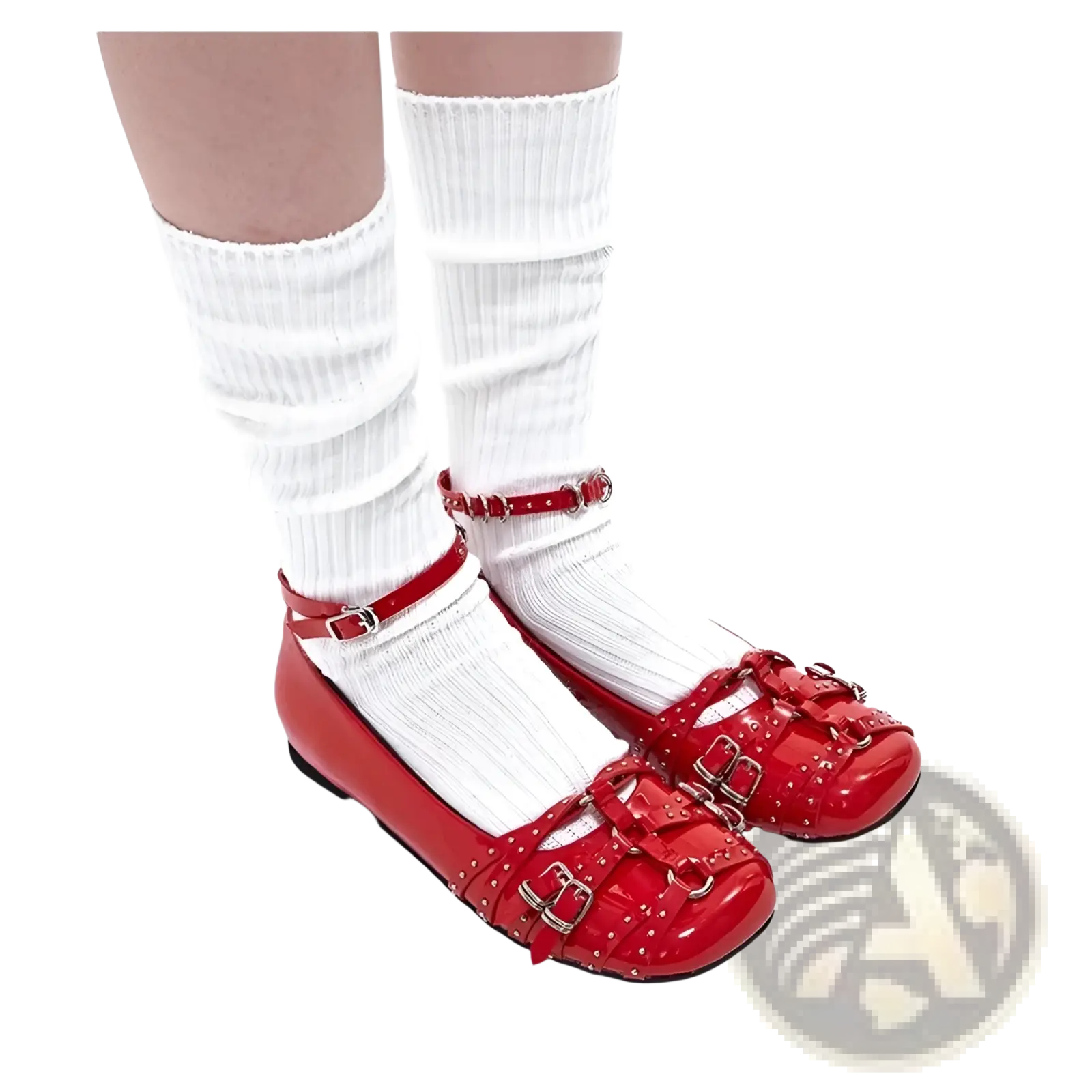 Leather retro pumps in red patent leather with silver studded buckle straps for stylish formal wear