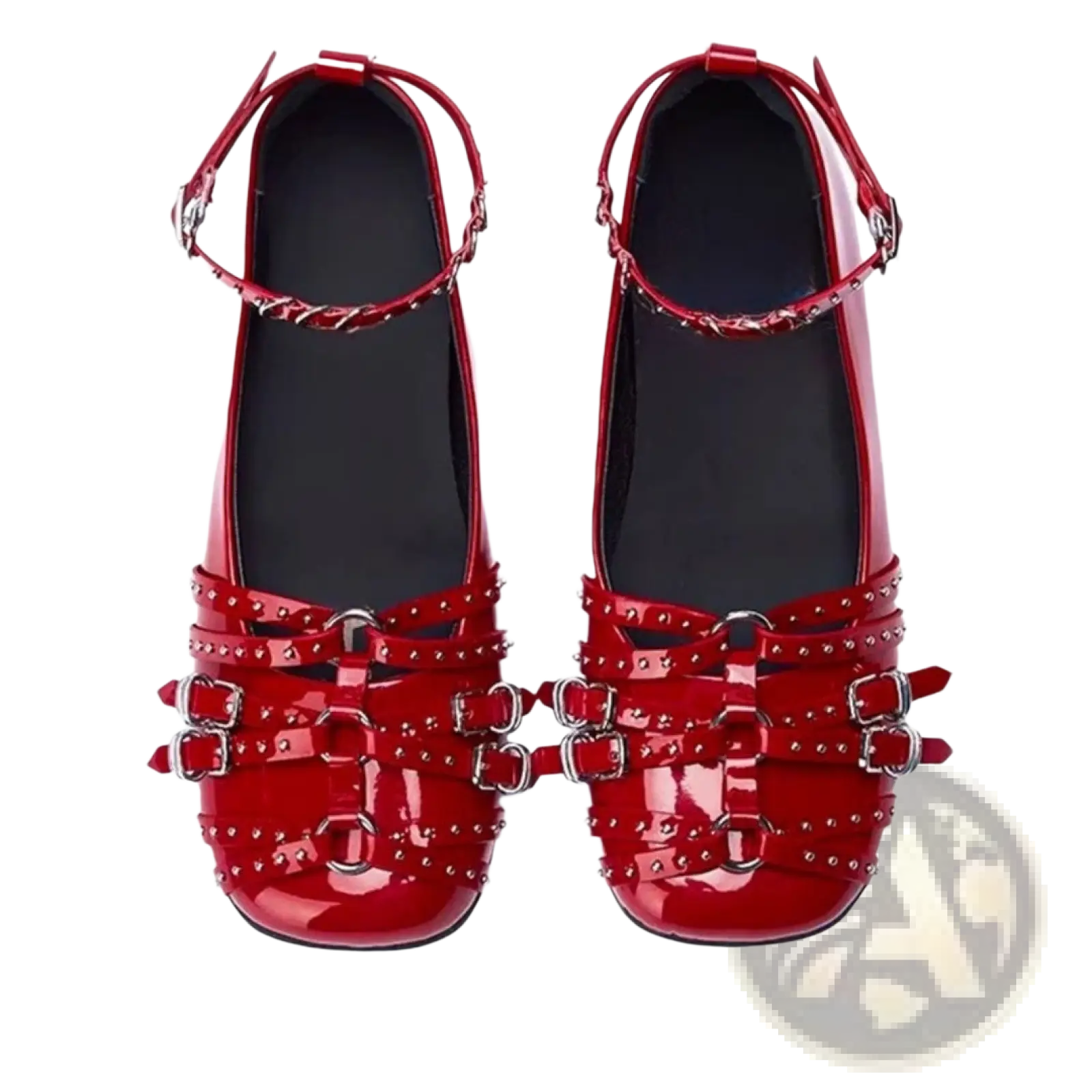 Leather retro pumps in red patent leather with silver-toned studded buckle straps and platform heels