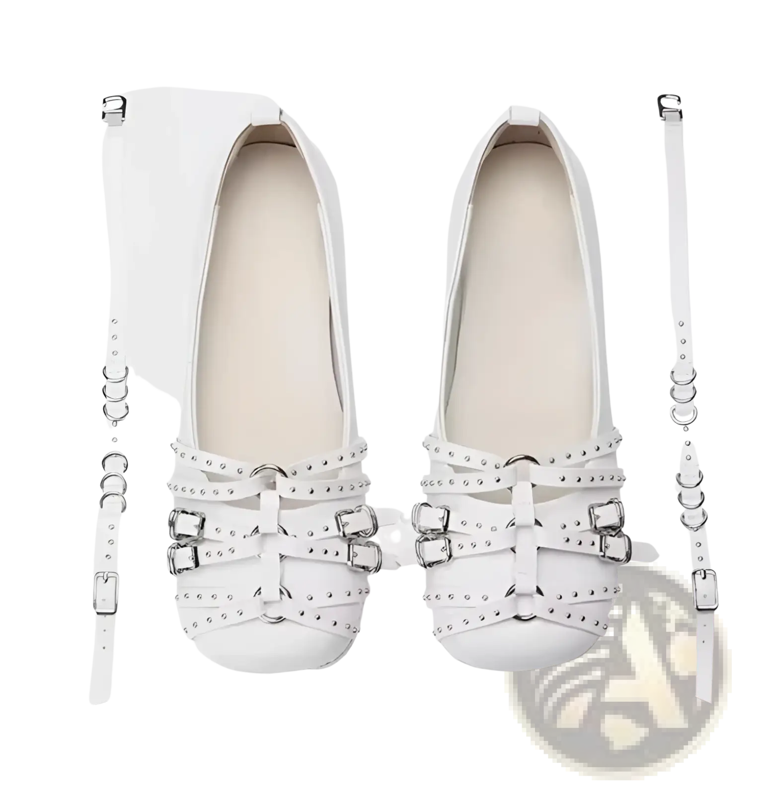 White leather retro pumps featuring studded silver buckle straps for a stylish and elegant look