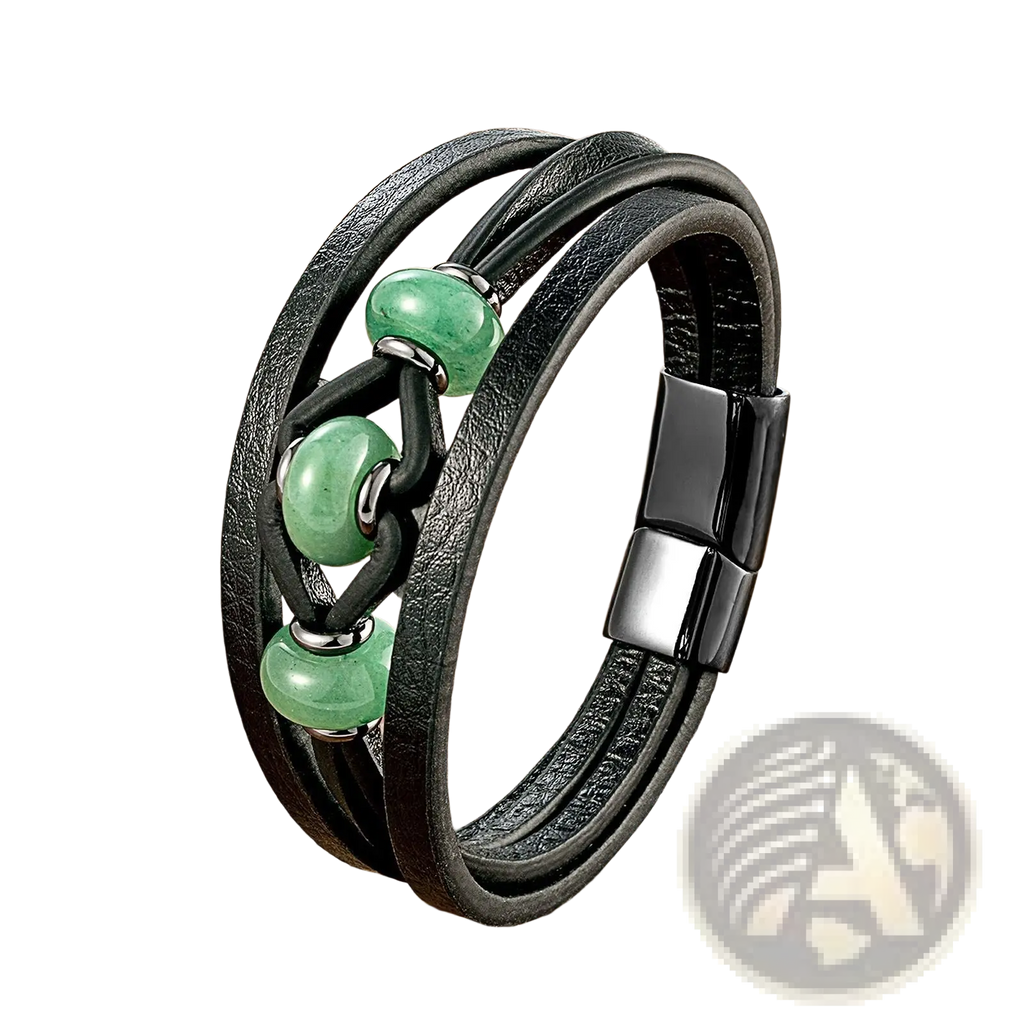 Black leather rope bracelet with natural green jade stone beads and sleek magnetic clasp for secure wear