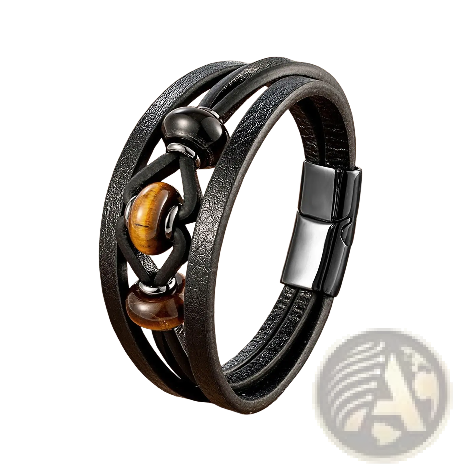 Black leather rope bracelet with natural tiger eye stone beads and a magnetic clasp for secure wear
