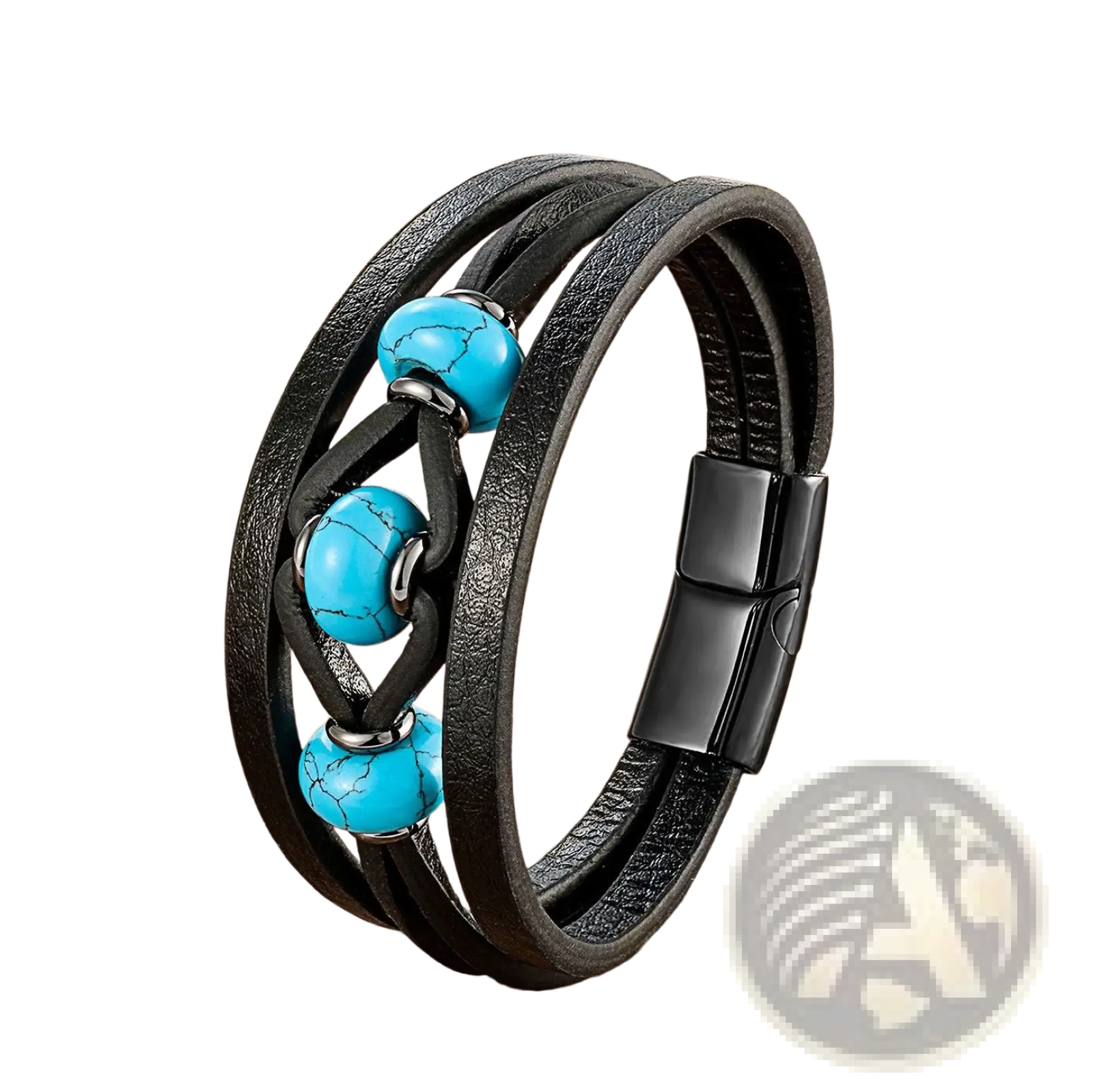 Leather rope bracelet in black leather with three vibrant turquoise natural stone beads and a sleek magnetic clasp