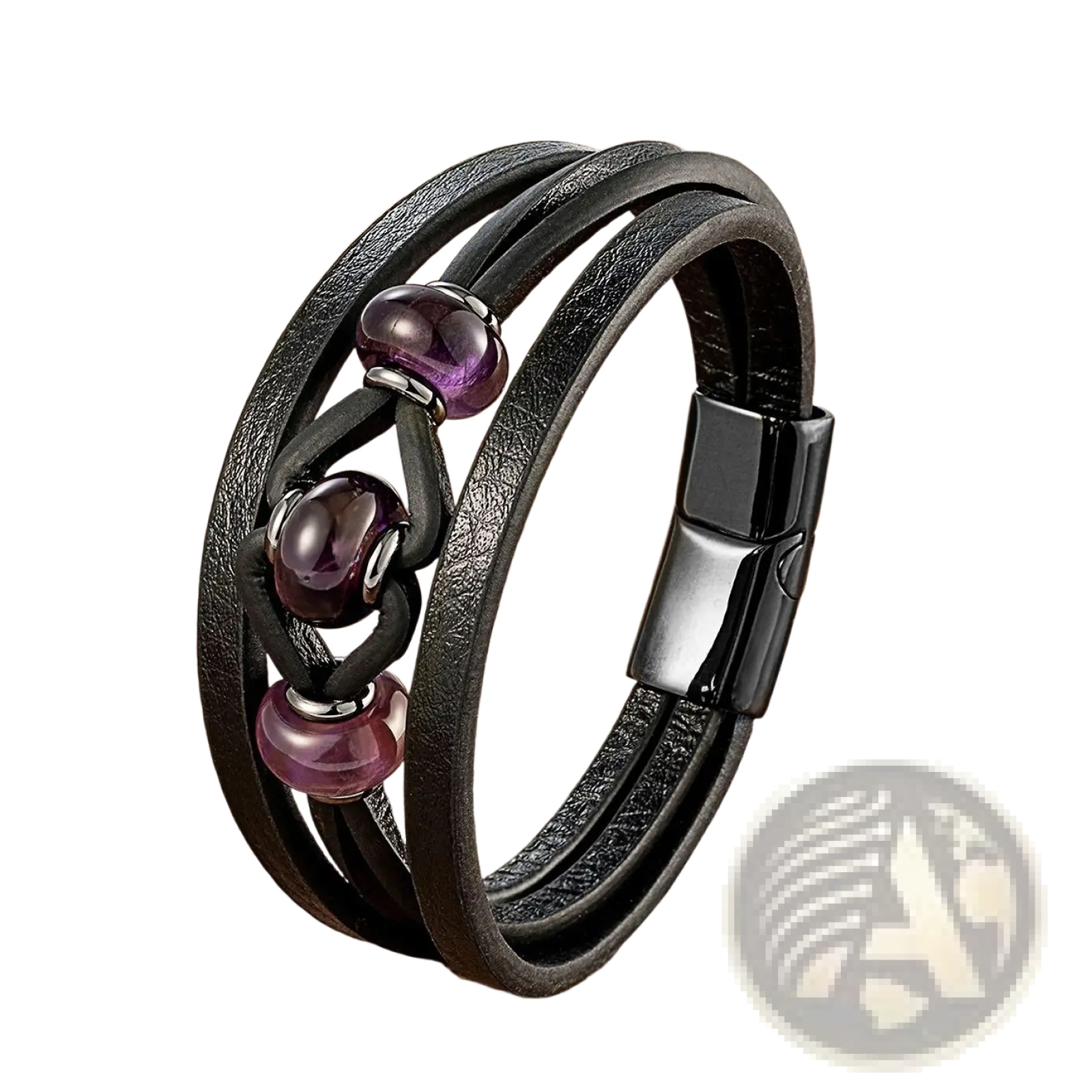 Leather rope bracelet with black leather, three purple glass beads, and a magnetic clasp for secure wear
