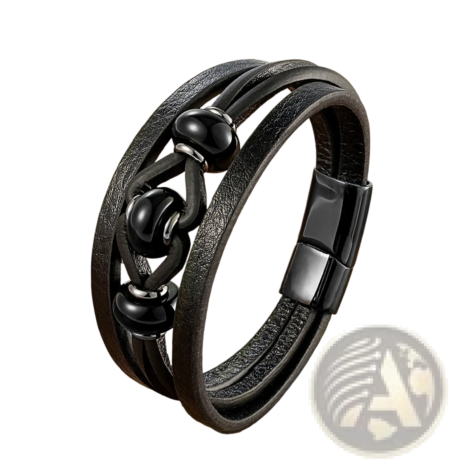 Black leather rope bracelet with natural glossy black stone beads and magnetic clasp for secure wear