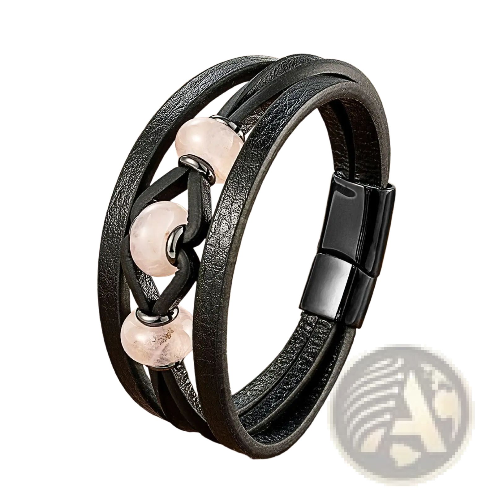 Black leather rope bracelet with three pink rose quartz beads and a magnetic clasp for secure closure
