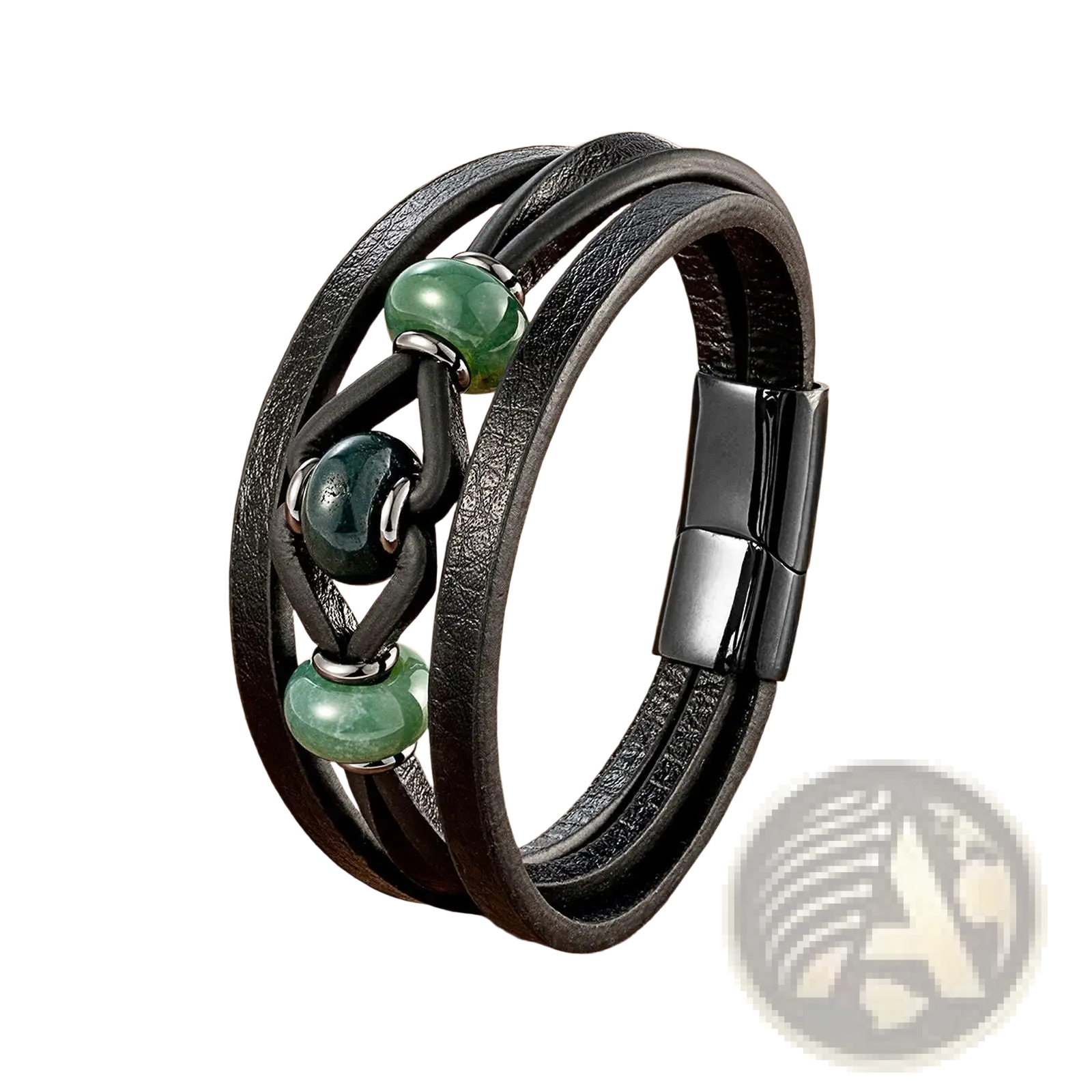 Black leather rope bracelet with green jade natural stone beads and a magnetic clasp for secure wear