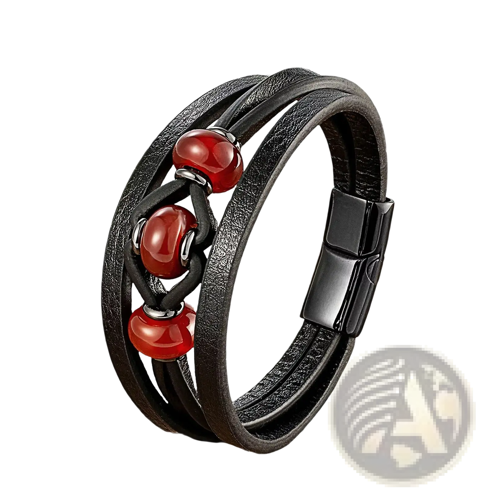 Black leather wrap bracelet with three glossy red natural stone beads and a magnetic clasp for secure wear