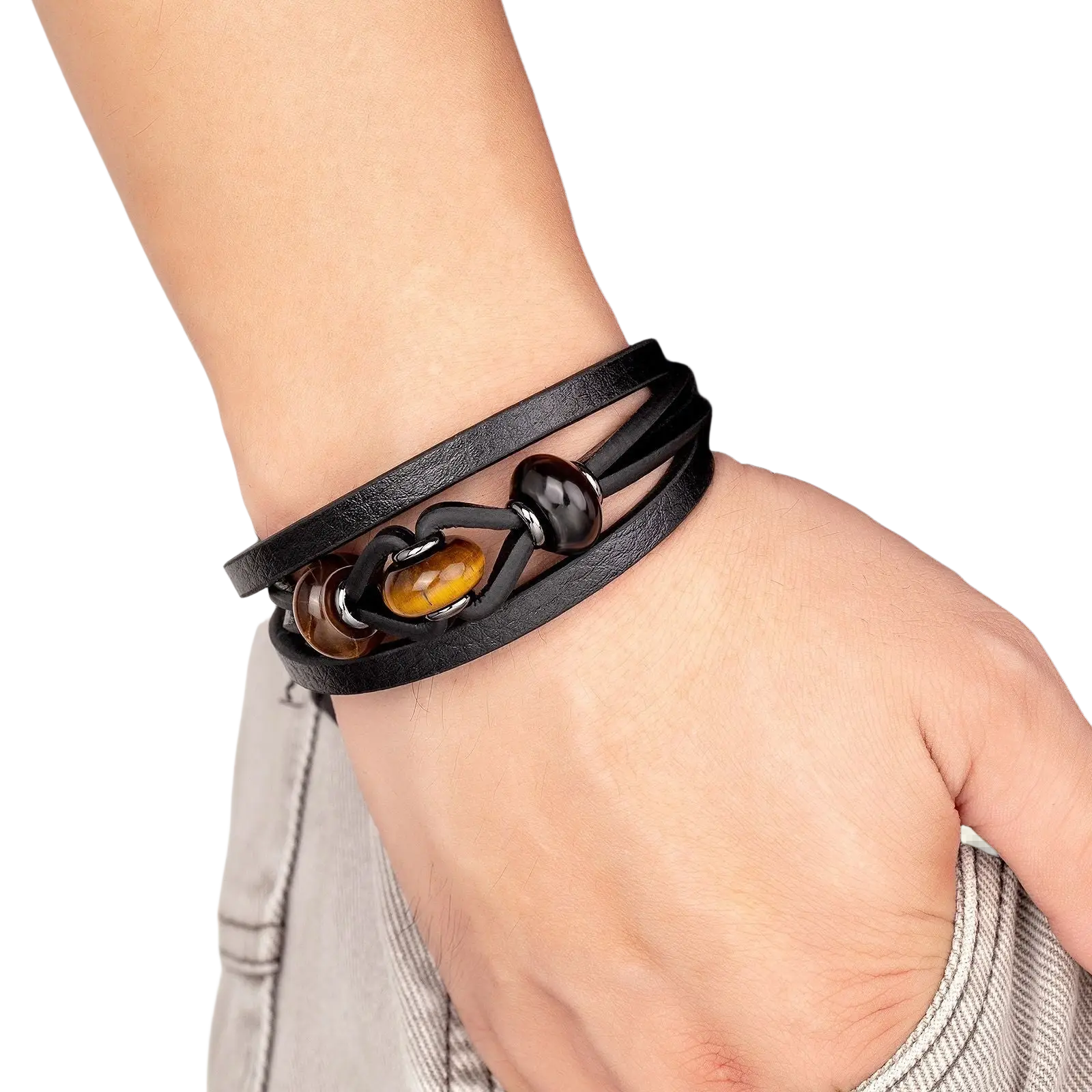Leather rope bracelet in black leather with polished tiger eye and onyx beads and a magnetic clasp