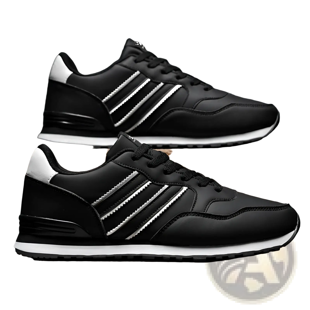 Black and white leather running sports shoes featuring a sleek retro design with three parallel stripes on the side