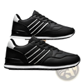 Black and white leather running sports shoes featuring a sleek retro design with three parallel stripes on the side