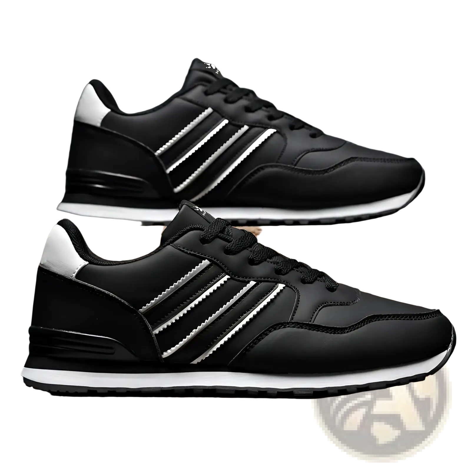 Black and white leather running sports shoes featuring a sleek retro design with three parallel stripes on the side