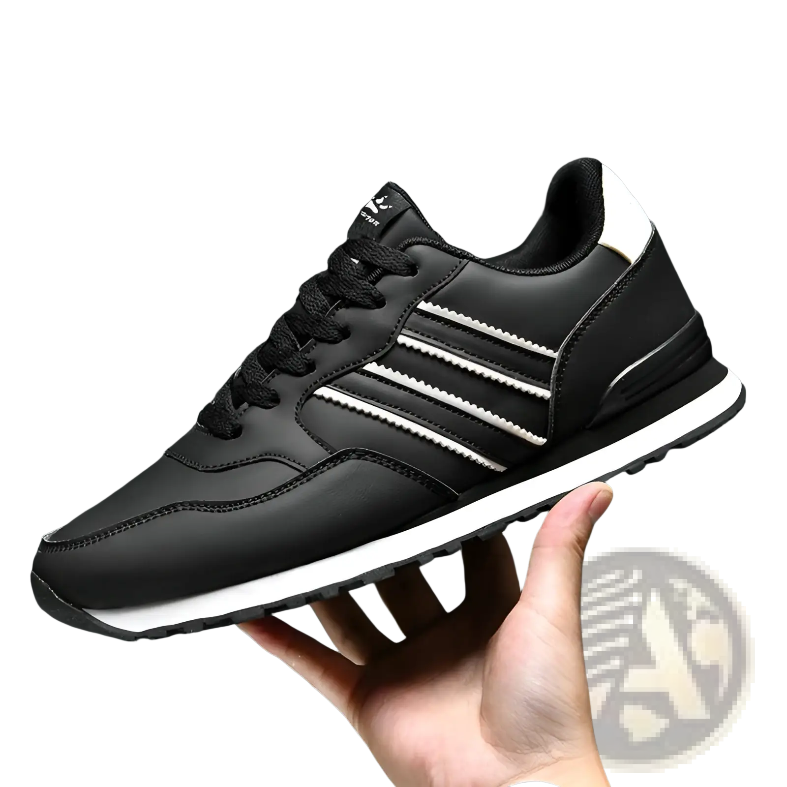 Black leather running sports shoe with white stripes and contrasting white midsole in retro casual style
