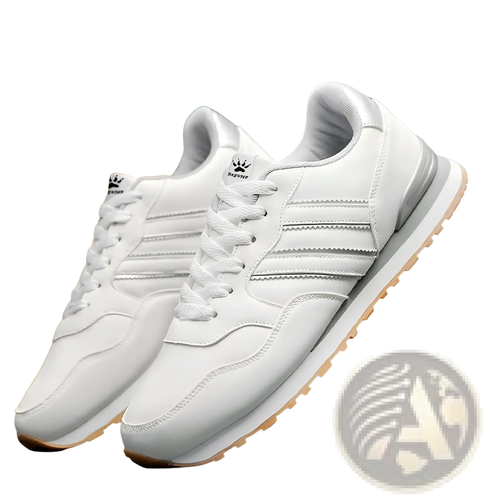 Leather running sports shoes featuring white leather with silver stripes and a tan rubber sole in a minimalist design