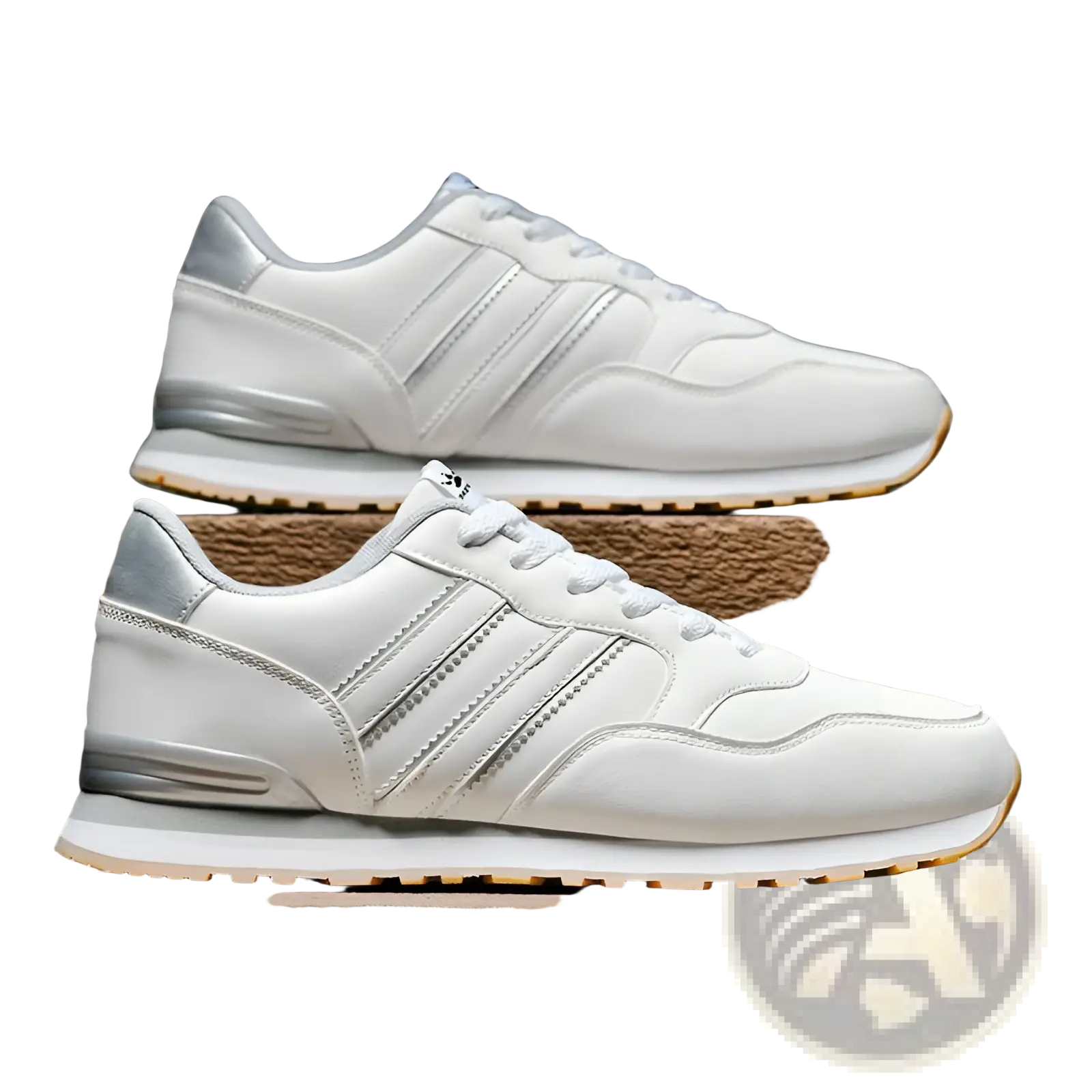 White leather running sports shoes with silver stripes and metallic heel tab on gum-colored rubber sole