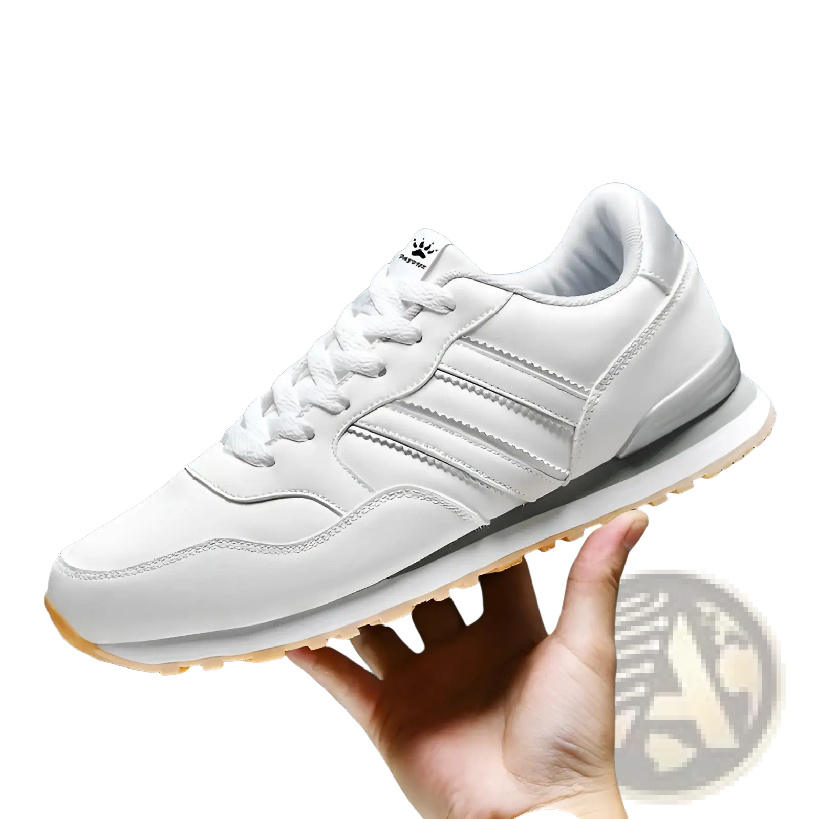 White leather running sports shoe with three parallel stripes and gum-colored rubber sole for casual wear
