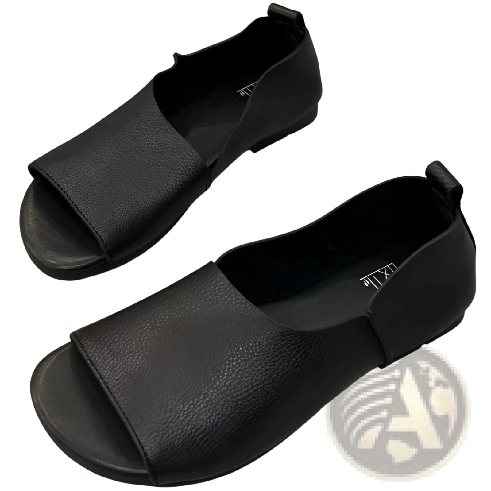 Black leather slip-on sandals with a retro soft sole and peep-toe design featuring a textured surface