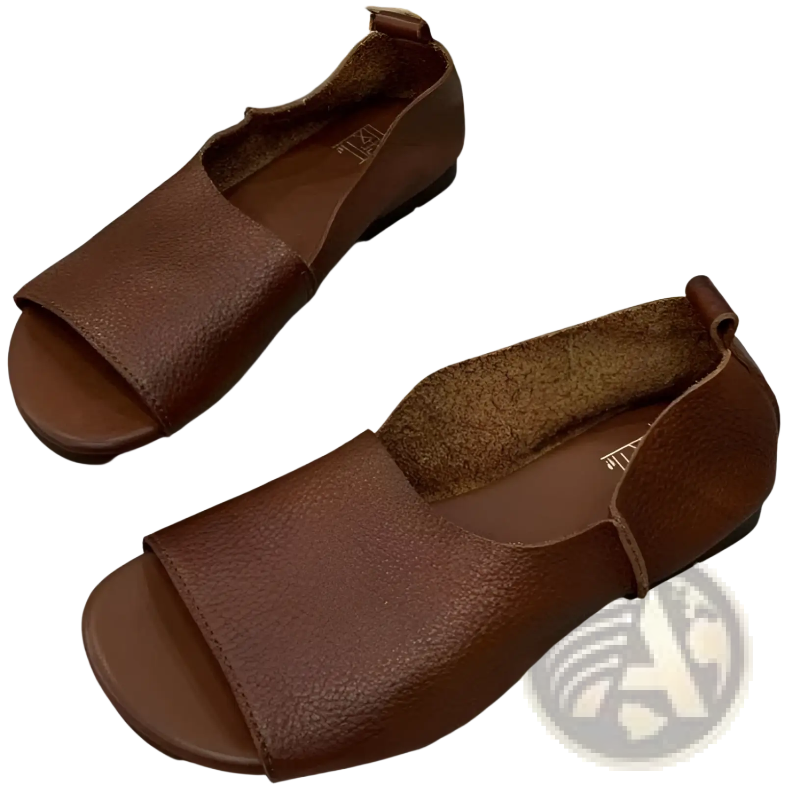Brown leather slip-on sandals with textured surface and soft suede lining for comfortable peep toe wear